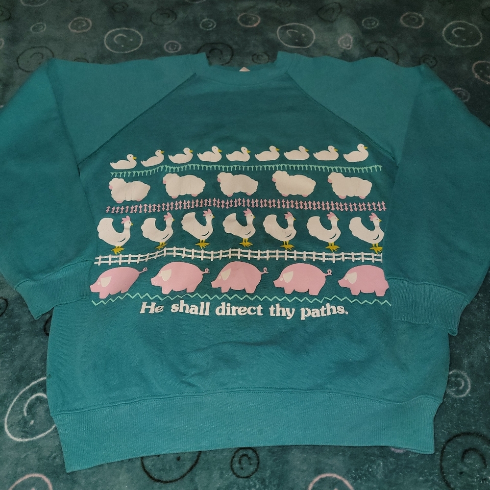 Vintage made in USA women's sweater size medium teal farm animal print
